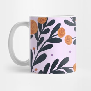 orange rose flower with blue leaves, botanical illustration pattern in soft purple backgdound Mug